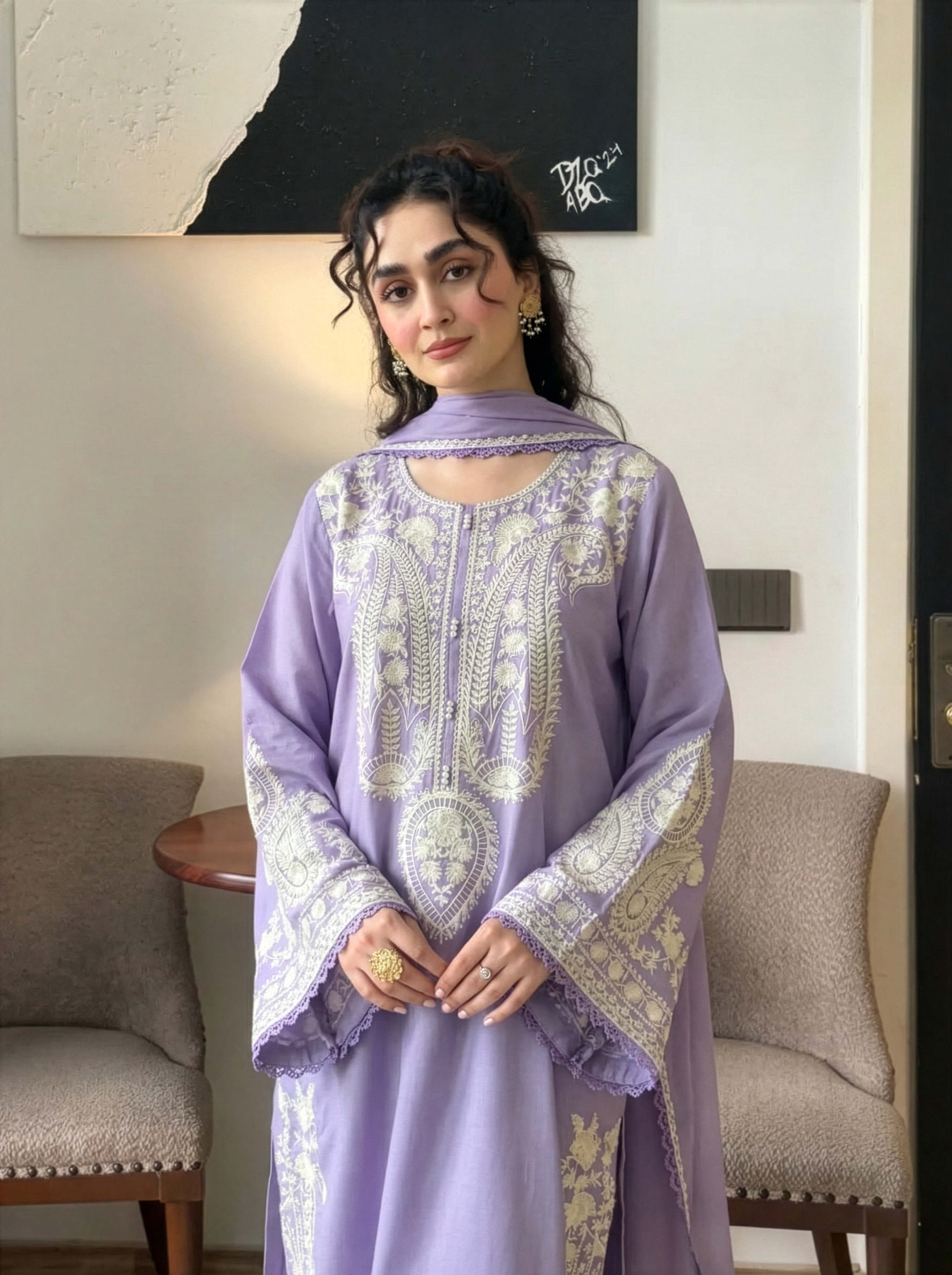 Aafreen Embroidered 3pc - Lilac