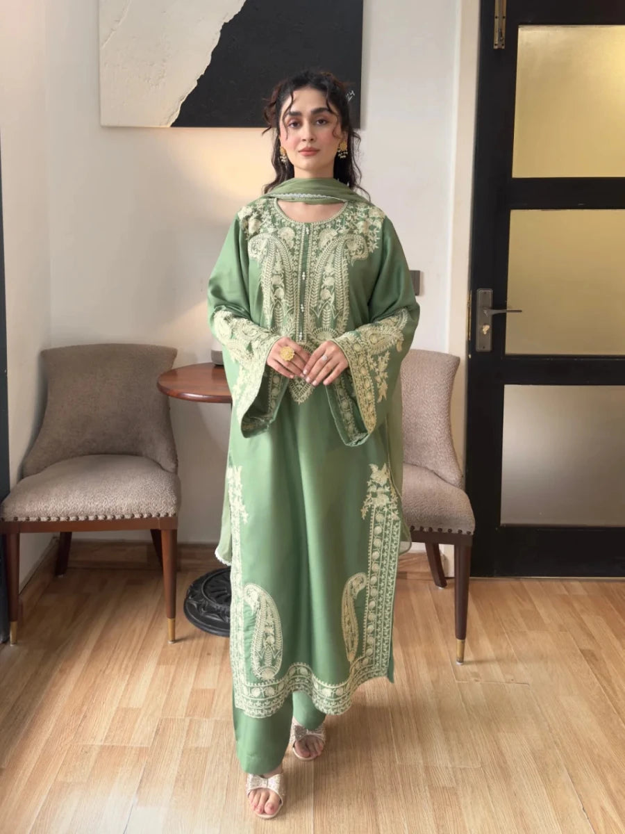 Aafreen Embroidered 3pc - Jade green - Lawn - Chaudhary Arts