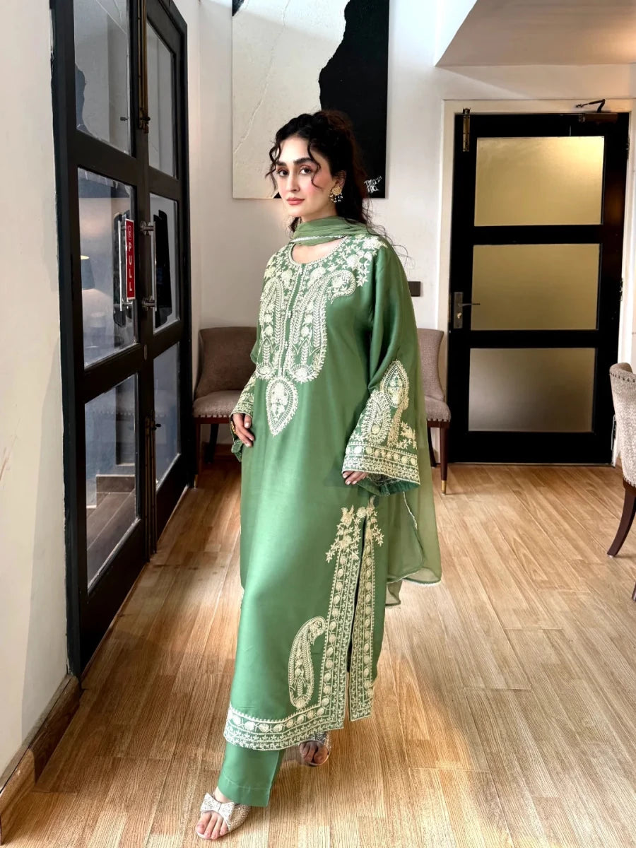 Aafreen Embroidered 3pc - Jade green - Lawn - Chaudhary Arts