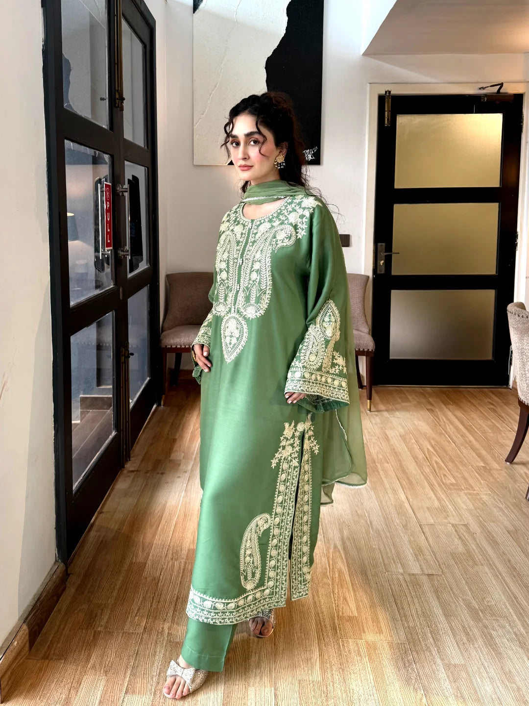 Aafreen Embroidered 3pc - Jade green - Lawn